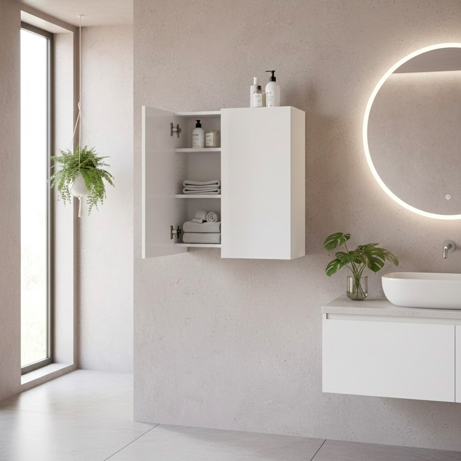 Mobile Pensile Da Bagno Sospeso Con 2 Ante Battenti E Ripiani Interni Armadietto In Melaminico Salvaspazio Per Bagno 60 x 60 x 16 Cm Bianco Lucido