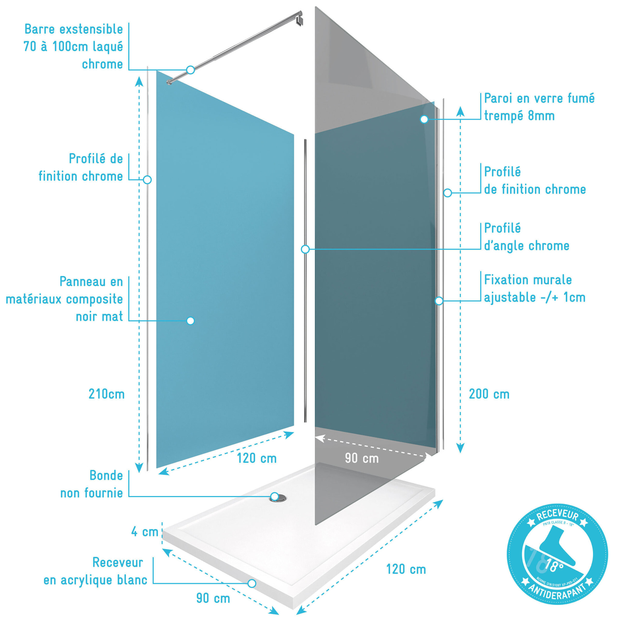 Pack Douche a l'Italienne 90x120 - Kit Panneaux Muraux Bleu/Chrome + Receveur + Paroi Fumee 8 mm