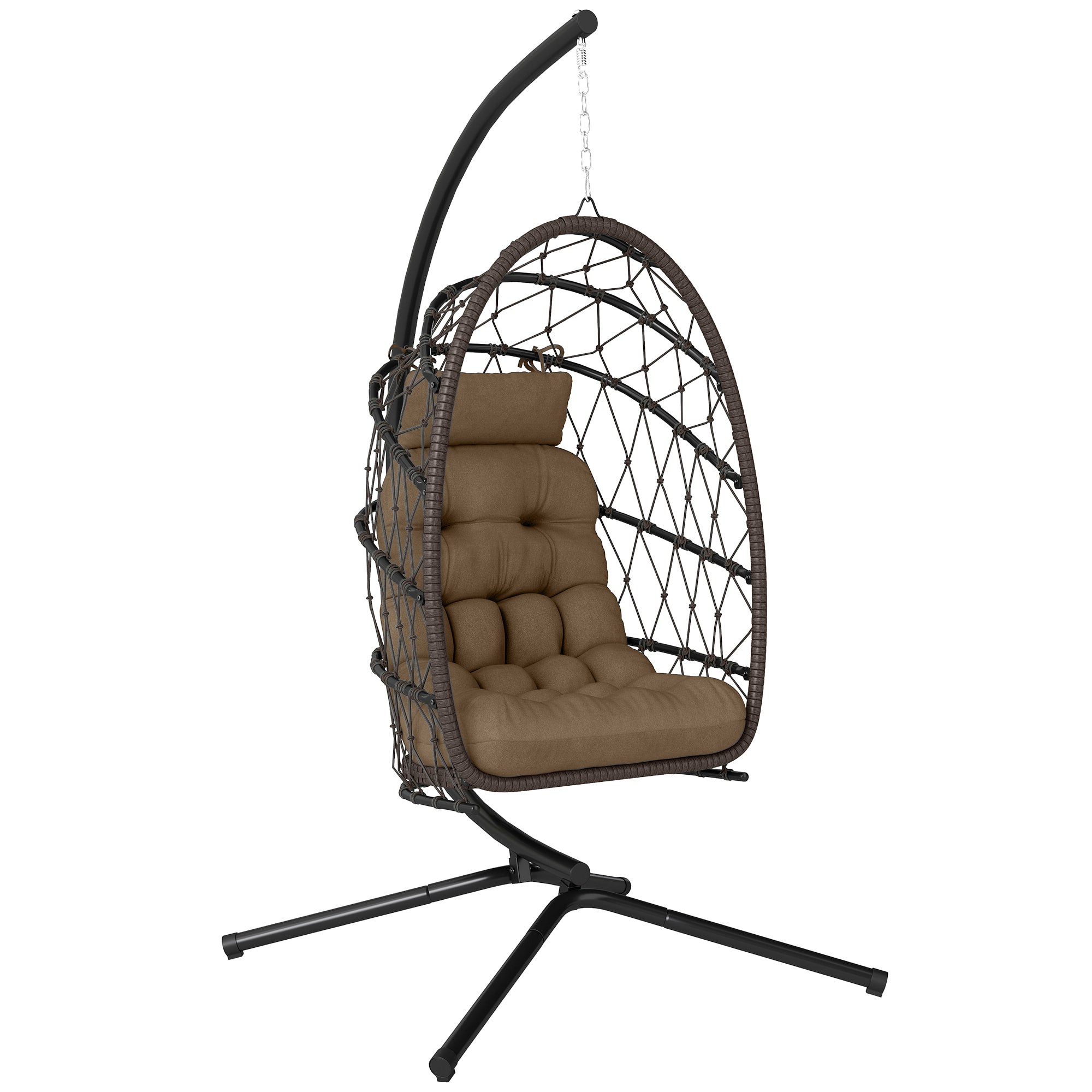 Outsunny Silla Colgante Huevo con Soporte, Columpio Jardín Exterior con Cesta Plegable de Ratán, Cojín Grueso, Reposacabezas, Altura Ajustable, Cuerda para Interior y Exterior, Marrón
