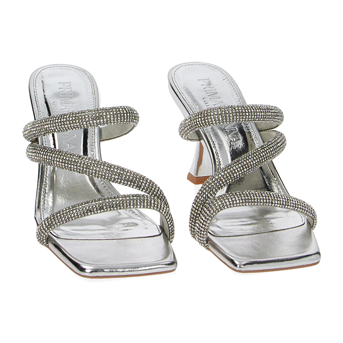Mules open toe donna argento in laminato e pietre, tacco 7,5 cm