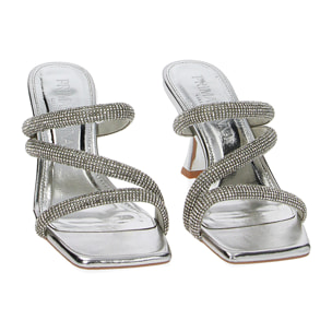 Mules open toe donna argento in laminato e pietre, tacco 7,5 cm