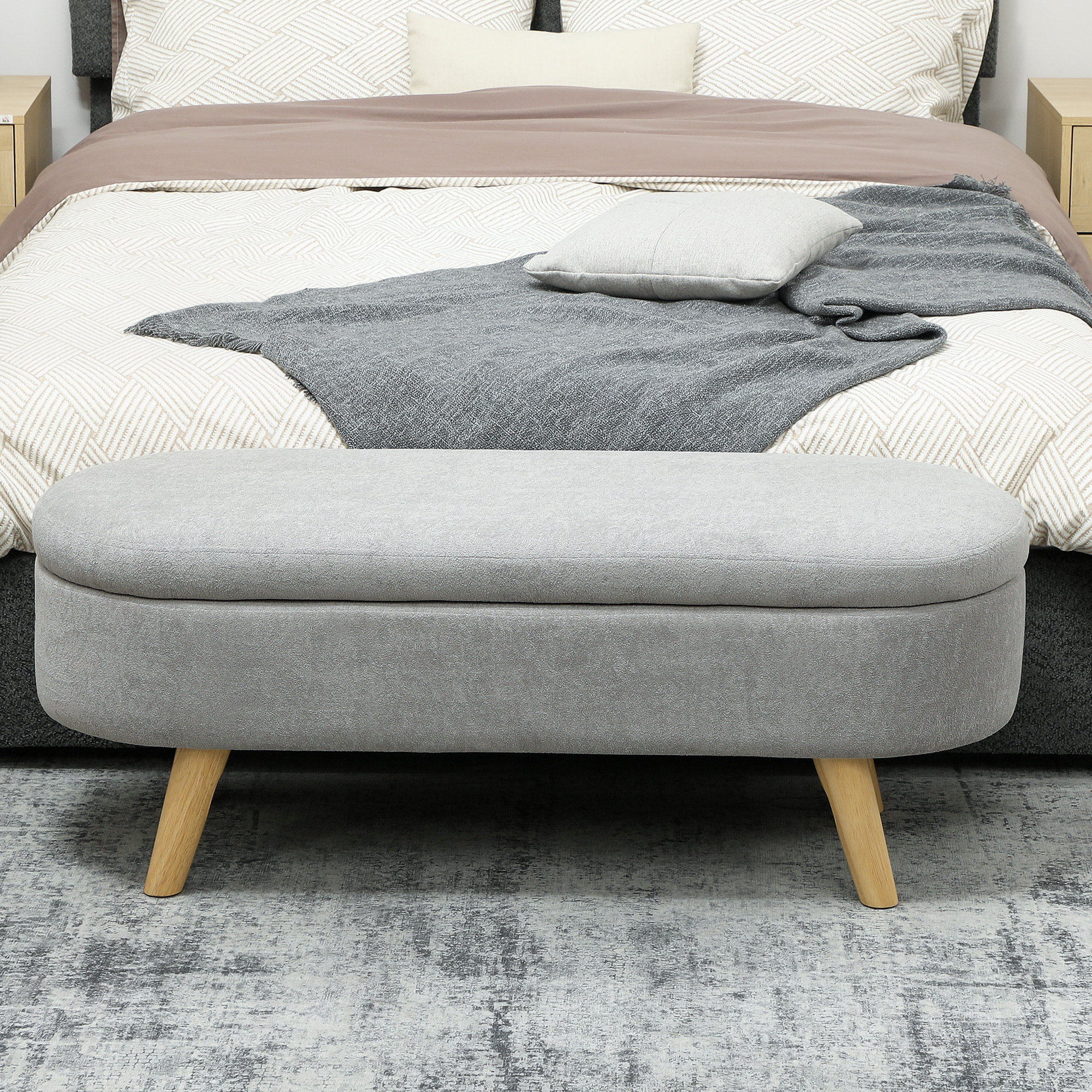 Banco Pie de Cama, Puff Almacenaje Tapizado en Terciopelo de Teddy con Patas de Madera y Asiento Acolchado, Banco de Almacenaje Ovalado para Dormitorio, Entrada, Pasillo, Gris Claro