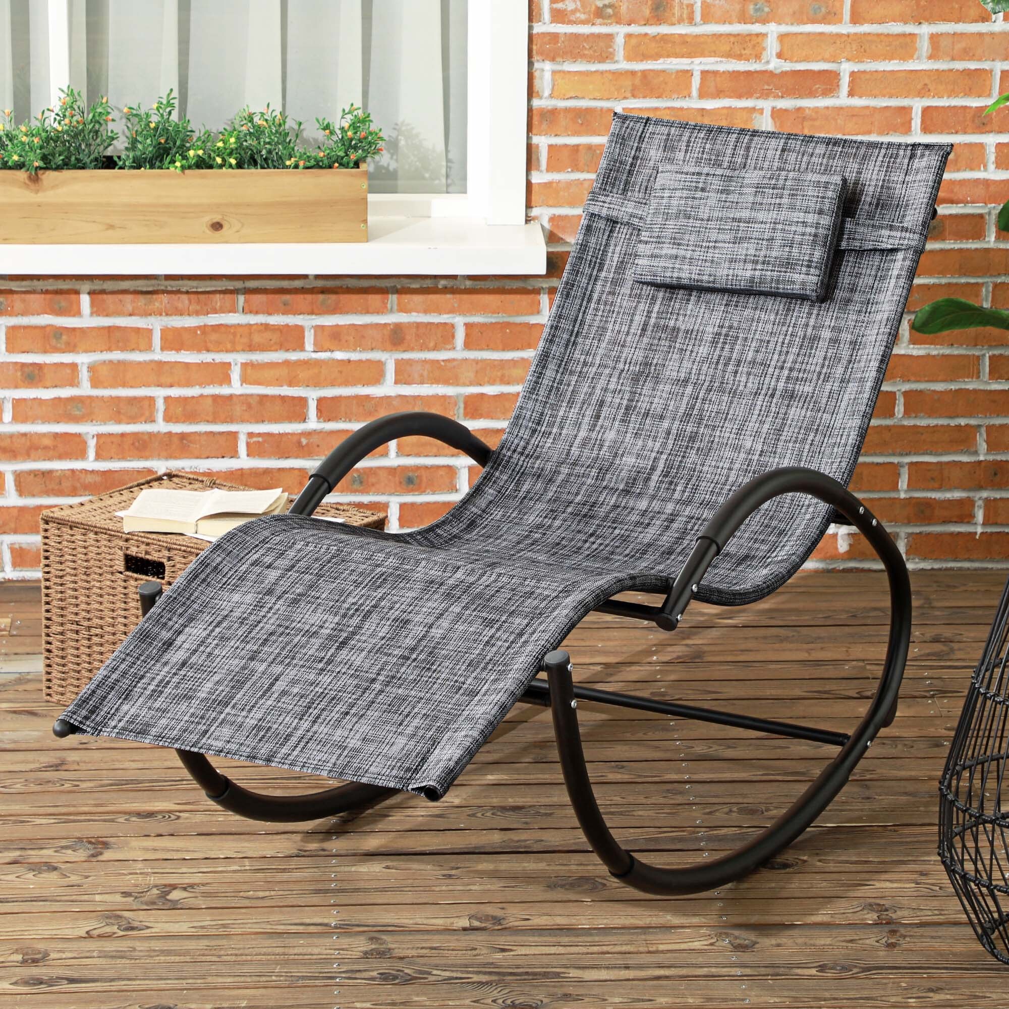 Chaise longue à bascule rocking chair design contemporain métal textilène gris chiné