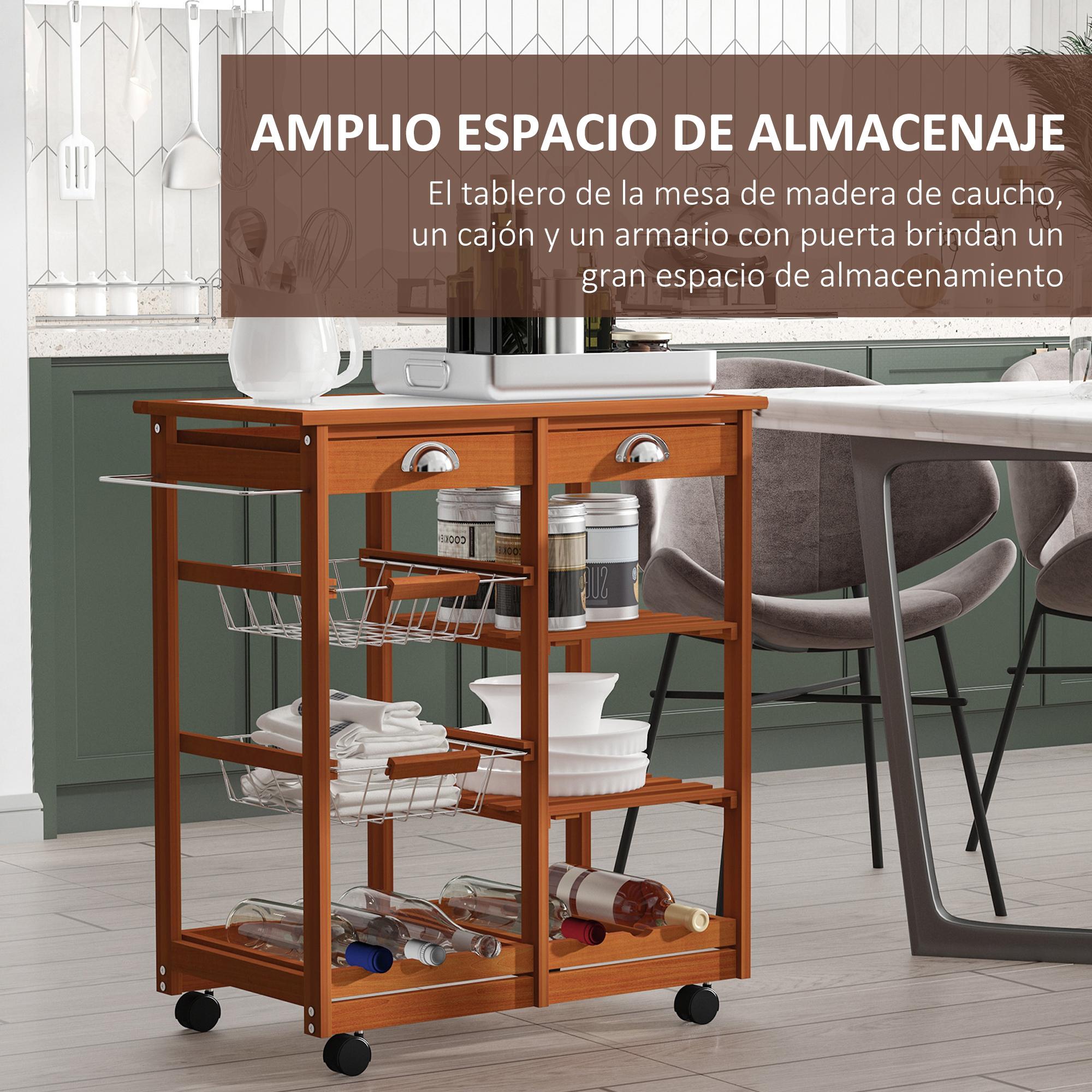 Carrito Cocina Servicio Auxiliar Madera Metal Cromado Ruedas Cajon Botellero