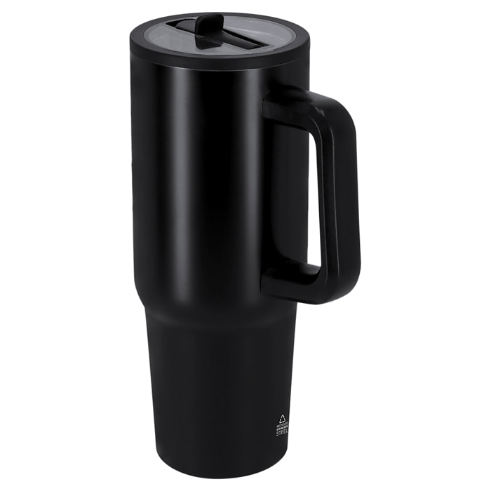 Jarra térmica de 870 ml de capacidad en Acero Inoxidable Reciclado con doble pared, tapadera hermética con boquilla plegable para beber y asa de transporte ergonómica. Libre de BPA