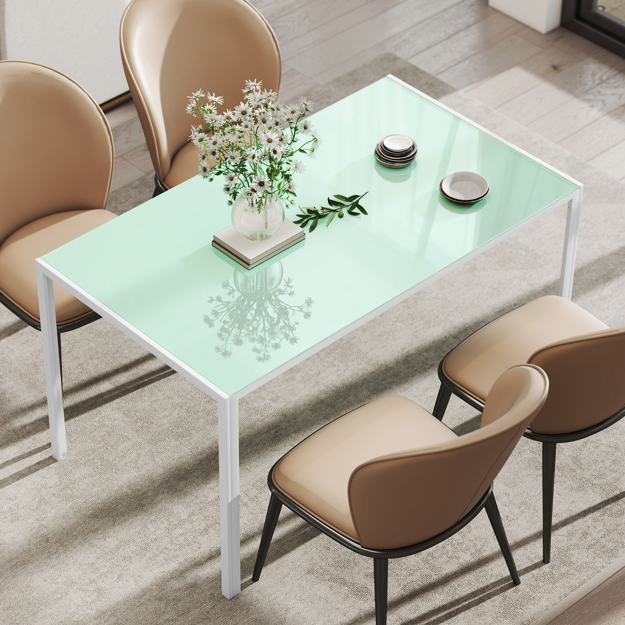 Mesa de Comedor de Cristal, Mesa Rectangular para 6 Personas con Patas de Metal, para Cocina, Salón, 140x80x75 cm, Blanco