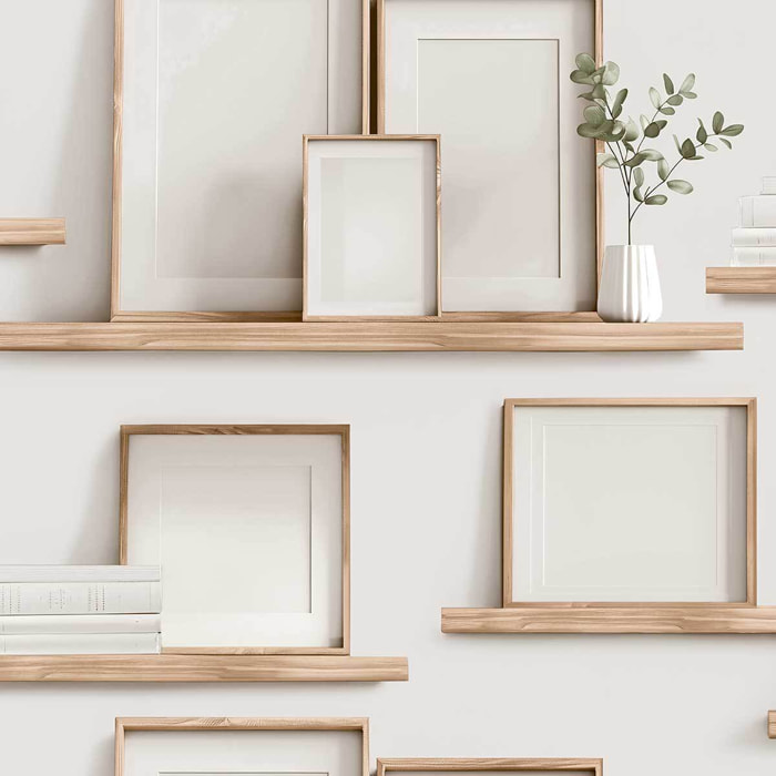 Papier peint étagères cadres bois minimaliste scandinave