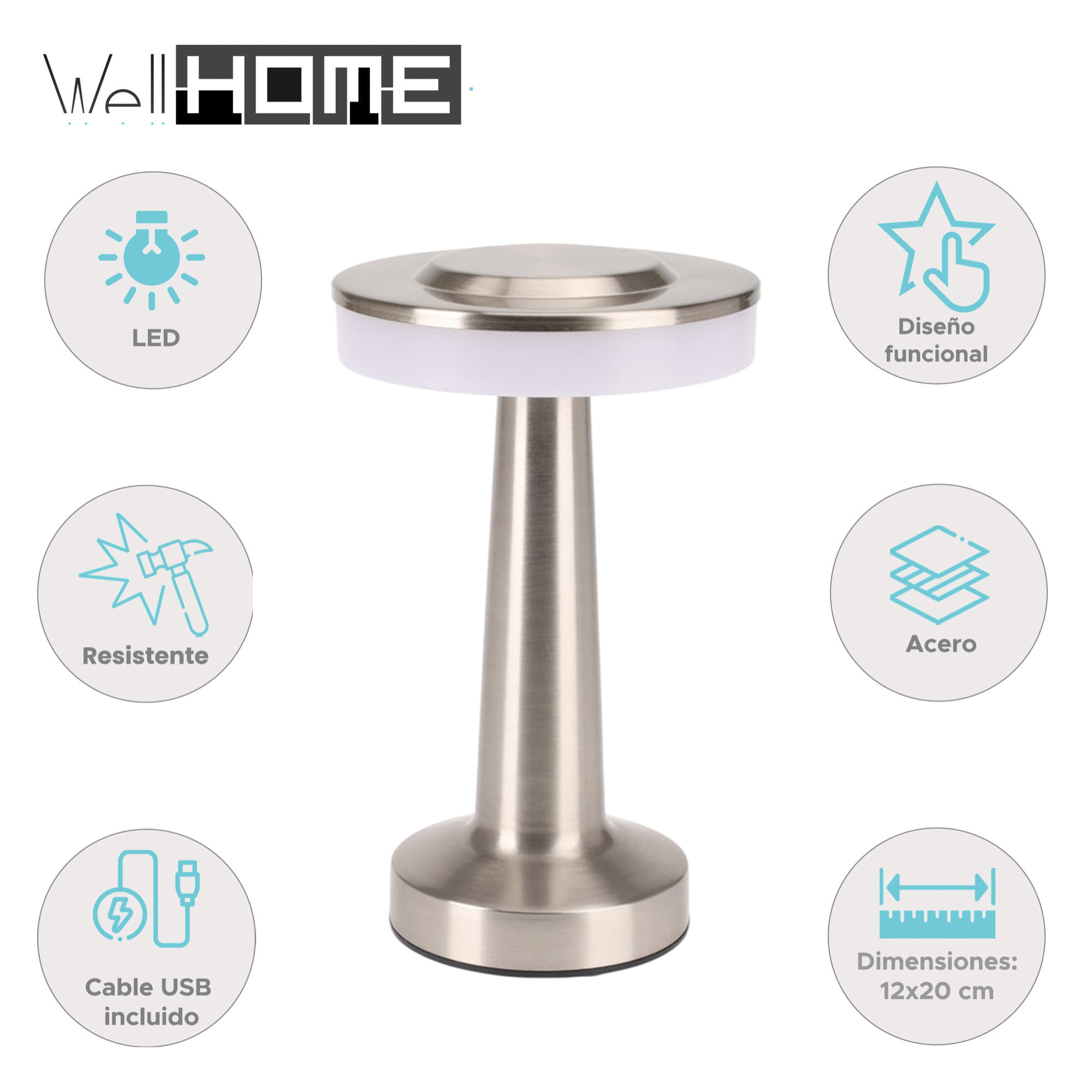 Well home lámpara de mesa de acero plateado con luz blanca cálida y batería recargable ø12x20cm