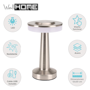 Well home lámpara de mesa de acero plateado con luz blanca cálida y batería recargable ø12x20cm