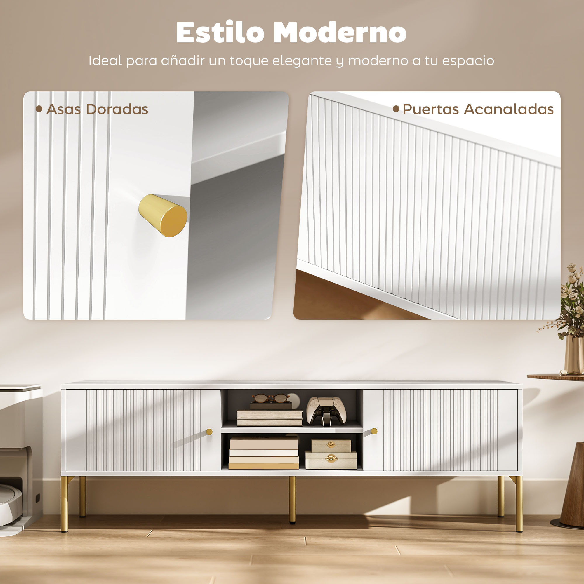 Mueble de TV Moderno de 2 Puertas, Mesa TV para Salón con 2 Estantes Abiertos Ajustables, Orificios Pasacables, Patas de Acero, para Televisión 65 Pulgadas, 140x38x45,9 cm, Blanco