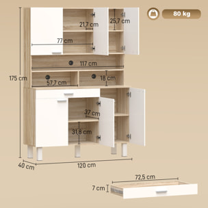 Alacena de Cocina Alta, Mueble Auxiliar de Cocina con 6 Puertas y Gran Cajón, Estantes, Encimera Amplia para Microondas, para Comedor, Salón, 120x40x175 cm, Blanco y Natural