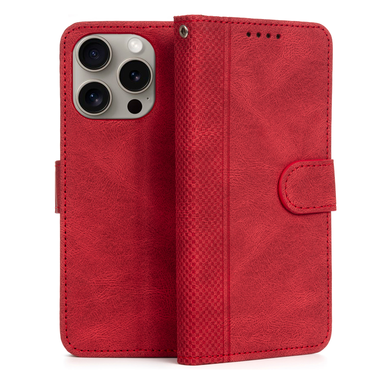 Custodia antiurto a libro in similpelle per iPhone 15 Pro. Portacarte interno, cinturino da polso removibile.