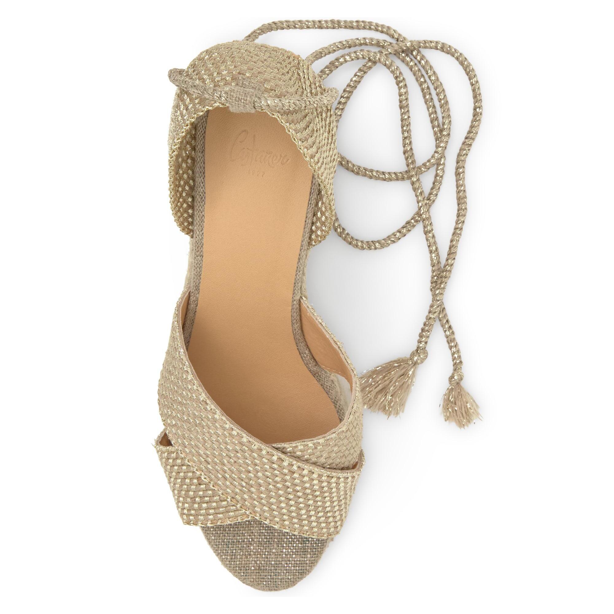 Sandalia de cuña Becca en yute y rayón con cierre de cintas