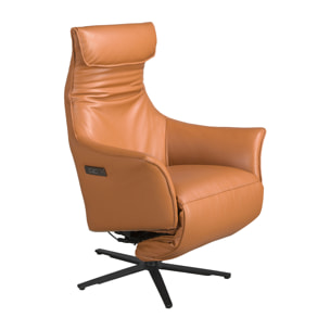Sillón Angel Cerdá relax giratorio con reposabrazos con asiento y respaldo tapizados en piel de origen vacuno en marrón patas de acero inoxidable en epoxi negro con mecanismo relax eléctrico 78x70x115cm