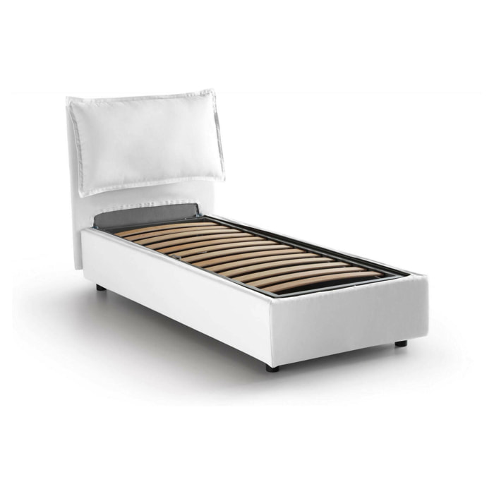Letto singolo Aphrodite, Letto contenitore con rivestimento in tessuto, 100% Made in Italy, Apertura laterale, adatto per materasso Cm 80x190, Bianco