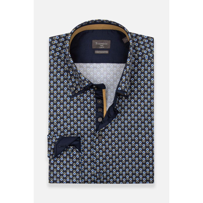 Camicia Uomo 2 Bottoni Button Down 7bottoni Doppio Coll Popeline Stretch Stampato Blu e Ocra