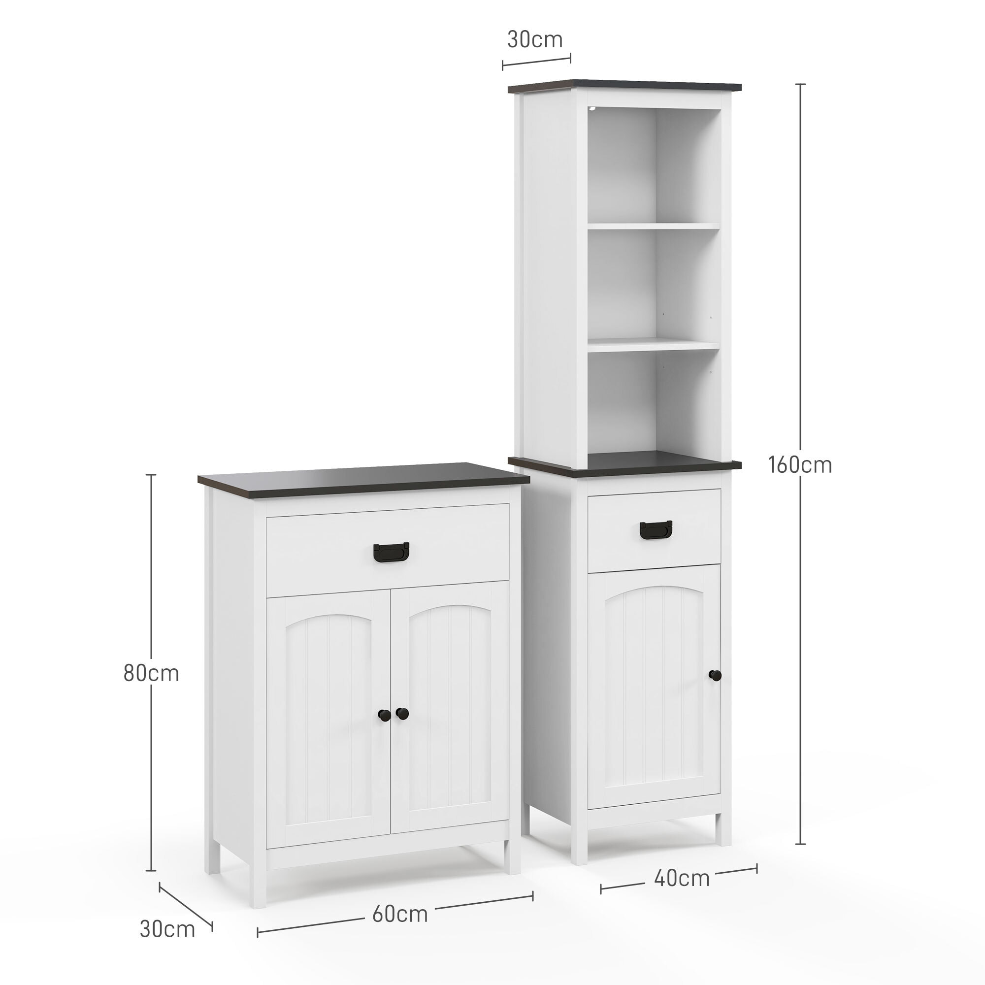 Conjunto de Baño Incluye 1 Armario Auxiliar de Baño y 1 Columna de Baño con Estantes Ajustables y Cajón Estilo Moderno Antivuelco para Dormitorio Blanco