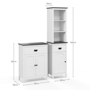 Conjunto de Baño Incluye 1 Armario Auxiliar de Baño y 1 Columna de Baño con Estantes Ajustables y Cajón Estilo Moderno Antivuelco para Dormitorio Blanco