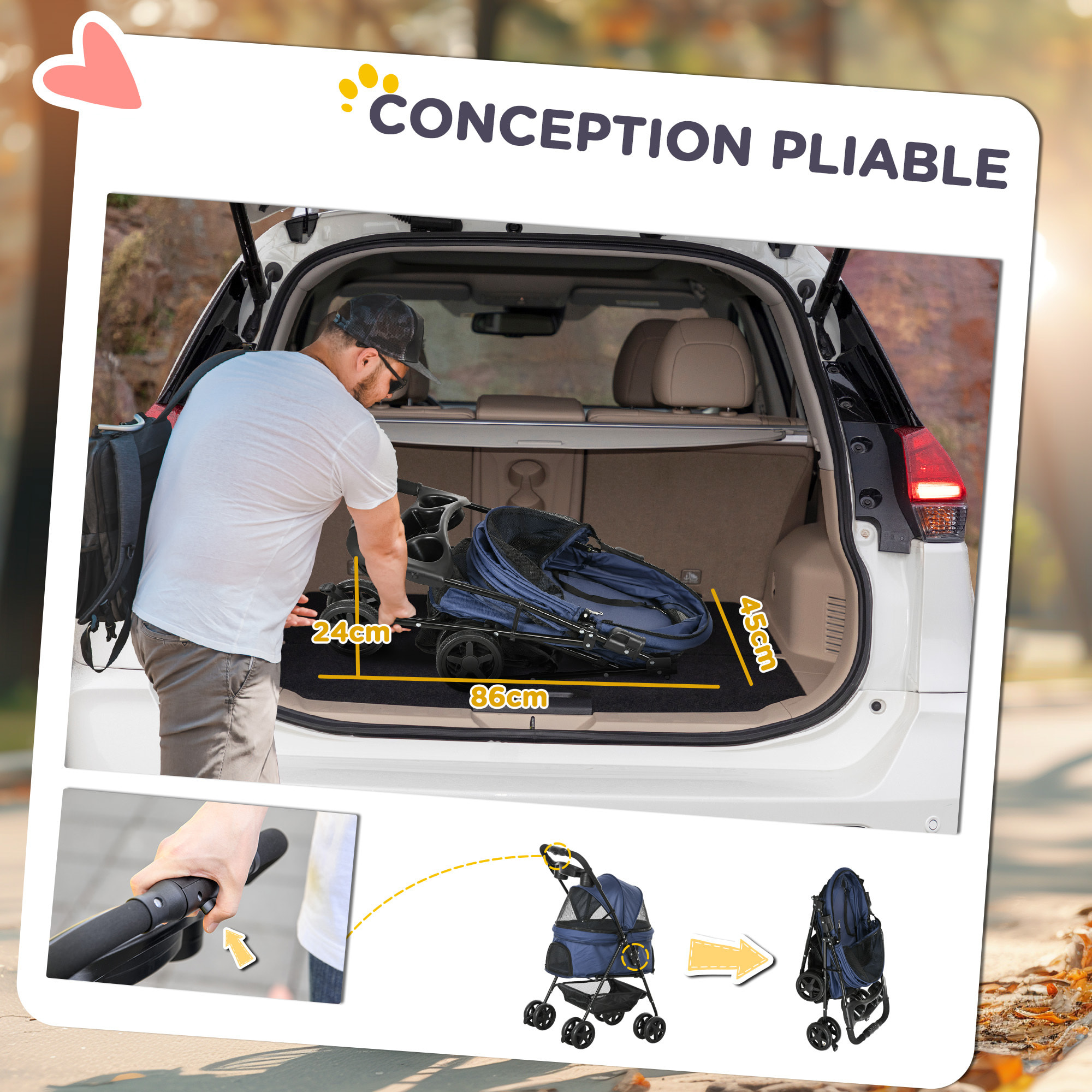 Poussette buggy pliable chien chat panier rangement porte-gobelets tissu 300D Oxford imperméable 4 roues bleu