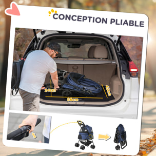 Poussette buggy pliable chien chat panier rangement porte-gobelets tissu 300D Oxford imperméable 4 roues bleu
