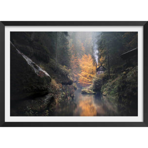 Affiche Vallée suisse en Automne Affiche + cadre en bois - Noir