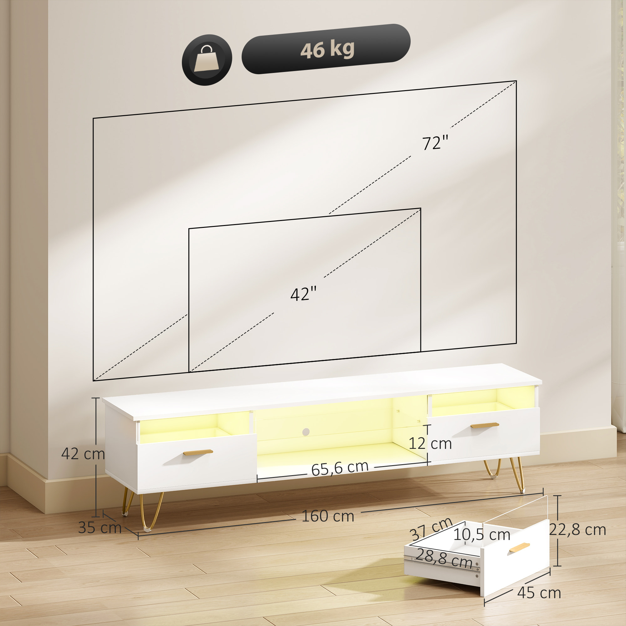 Meuble TV blanc laqué LED design multi-rangement dim. 160x35x42cm