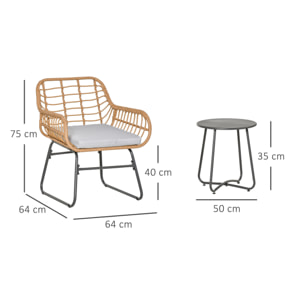 Outsunny Ensemble bistro de jardin 2 places 3 pièces style exotique 2 fauteuils + table basse résine tressée beige acier époxy gris