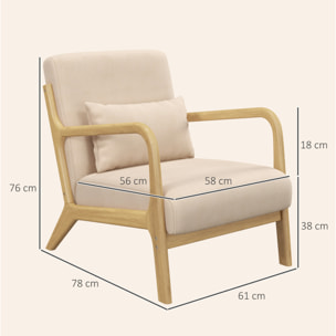 Butaca de Salón Butaca Nórdica Sillón de Salón con Reposabrazos Cojín y Marco de Madera de Caucho para Dormitorio Carga 120 kg 61x78x76 cm Beige