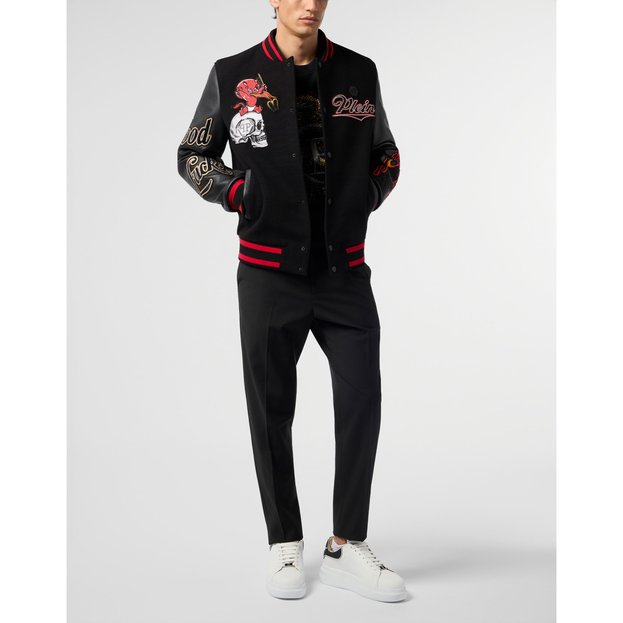 PHILIPP PLEIN Varsity Bomber with Leather Sleeves Devil Skull