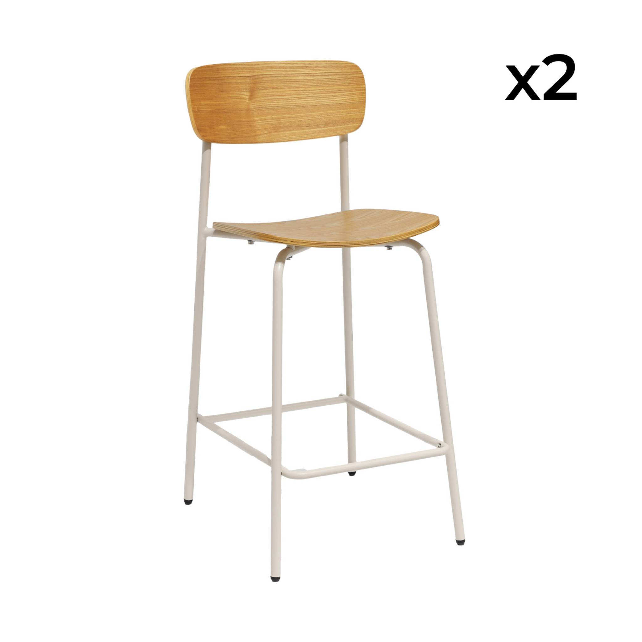 Lot de 2 tabourets de bar vintage contreplaqué avec placage bois effet frêne et pieds métal beige L 42.5 x P 50 x H 94cm - Toby