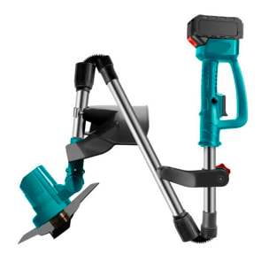 Desbrozadora de 21 V con 18000 rpm, 650 W de potencia y doble batería de 15.000 mAh, con mango articulad y 3 cuchillas.