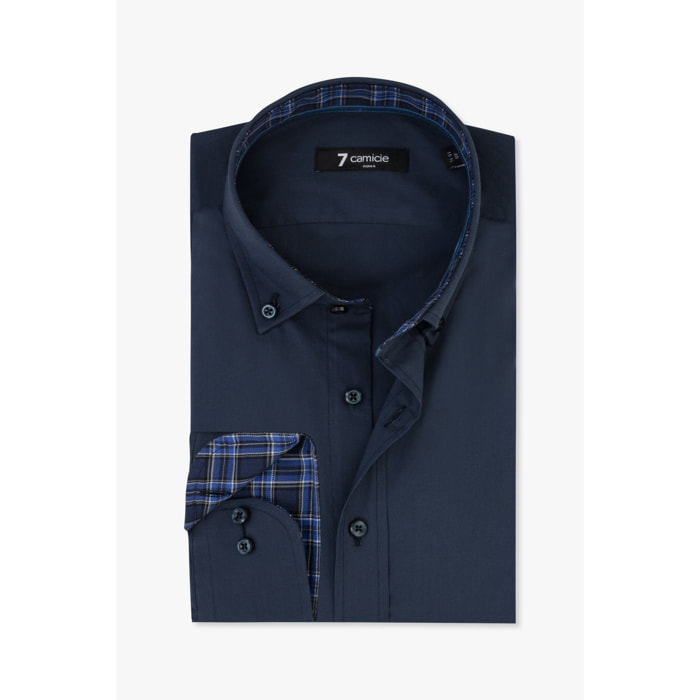 camicia uomo 1 bottone button down slim Popeline Stretch Unito Blu