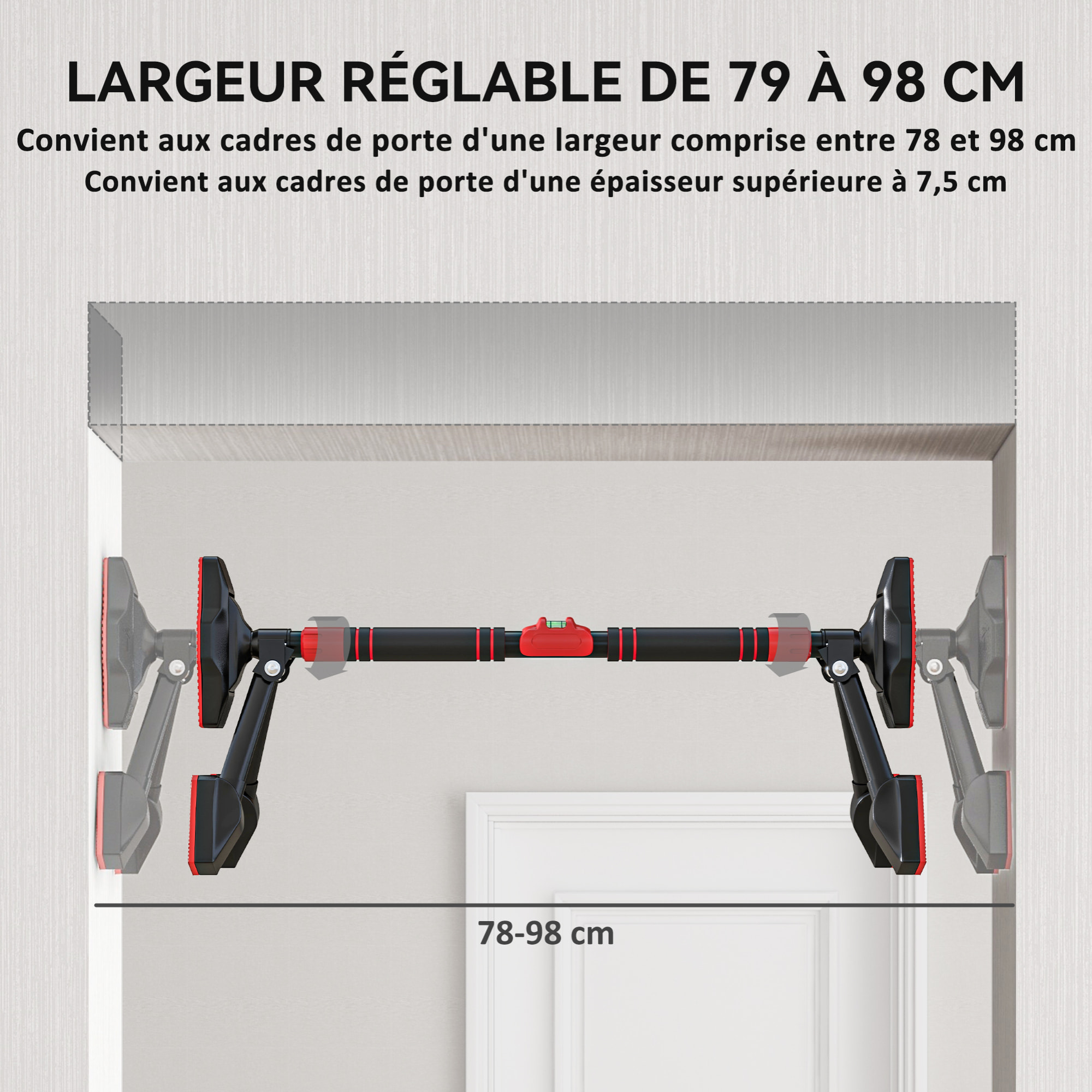 Barre de traction réglable de 79 à 98 cm, barre de porte niveau intégré, structure triangulaire robuste, support à 6 points, poignées antidérapantes, jusqu'à 225 kg, noir