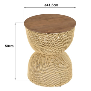SIXTINE - Table d'appoint en rotin beige plateau en bois teck recyclé