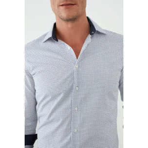 Camicia Uomo 1 Bottone Francese Slim Jacquard Fantasia Bianco e Blu