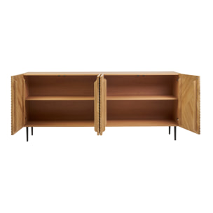 Buffet design en bois clair chêne massif gravé et métal noir 4 portes L180 cm ARCHIPEL