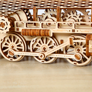 Modello in Legno 3D, design di Locomotiva a vapore con movimento meccanico. 361 pezzi.