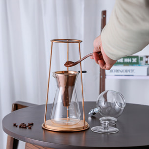 Juego de cafetera de goteo para café frío. Cuerpo de acero inoxidable y vidrio borosilicato.
