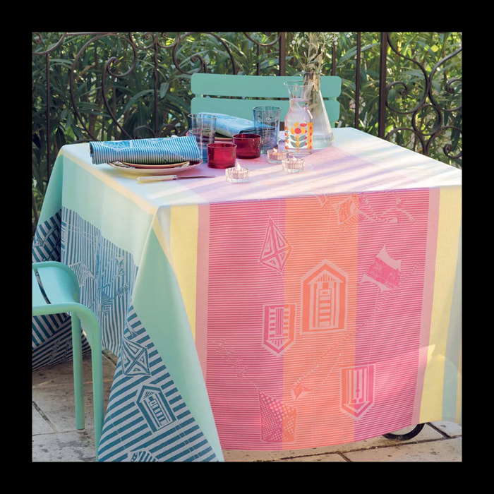 Nappe pur coton enduit motif jacquard bleu rose jaune Mille eole marin
