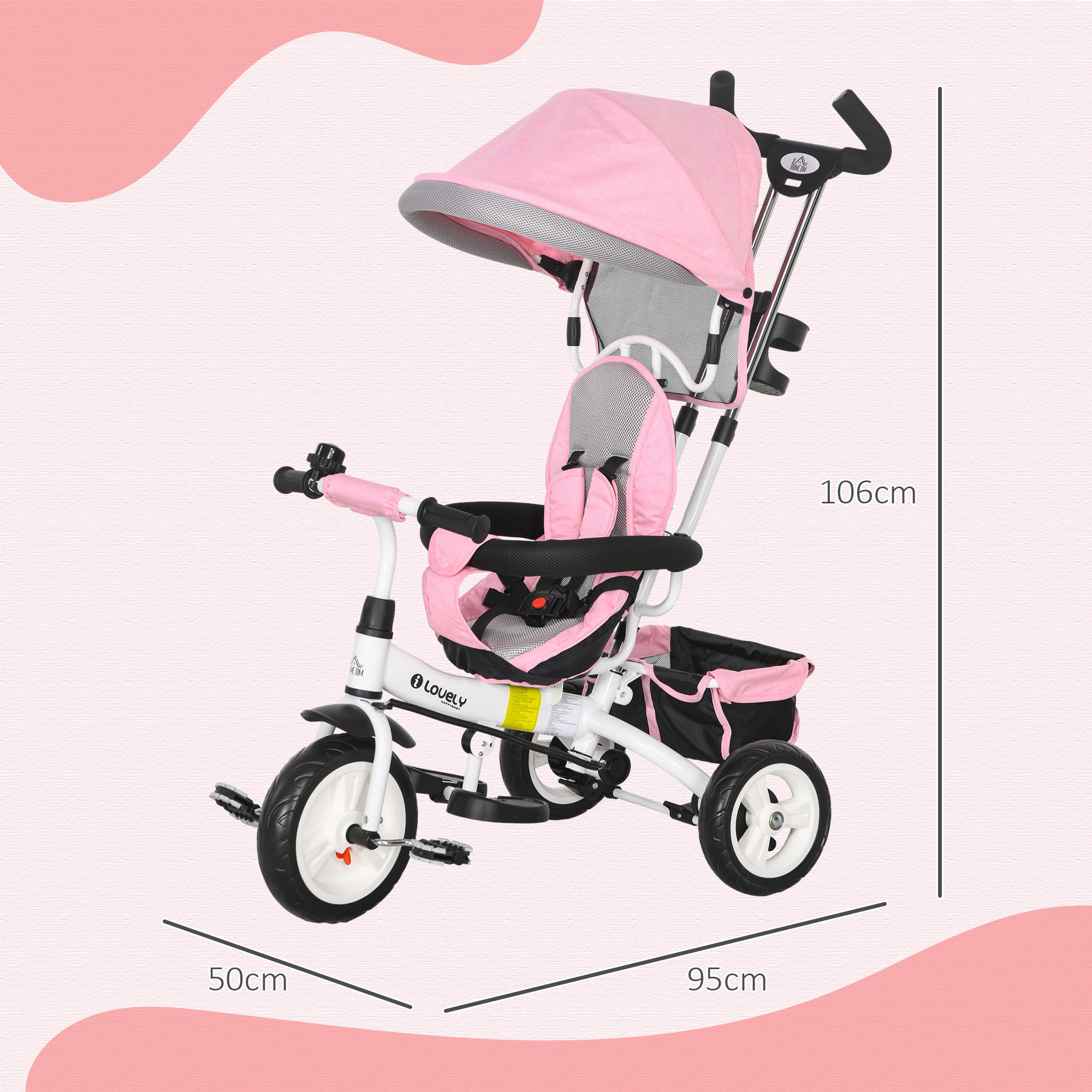 Triciclo Evolutivo para Bebés 6 en 1 Triciclo para Niños de 1-5 Años Bicicleta para Niños con Toldo Plegable Mango Telescópico Desmontable Cinturón de Seguridad y Cesto 95x50x106 cm Rosa
