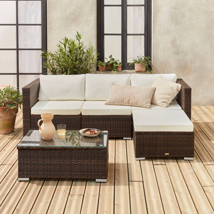 Salon de jardin en résine pour 4 personnes - Torino – résine marron et coussins écru