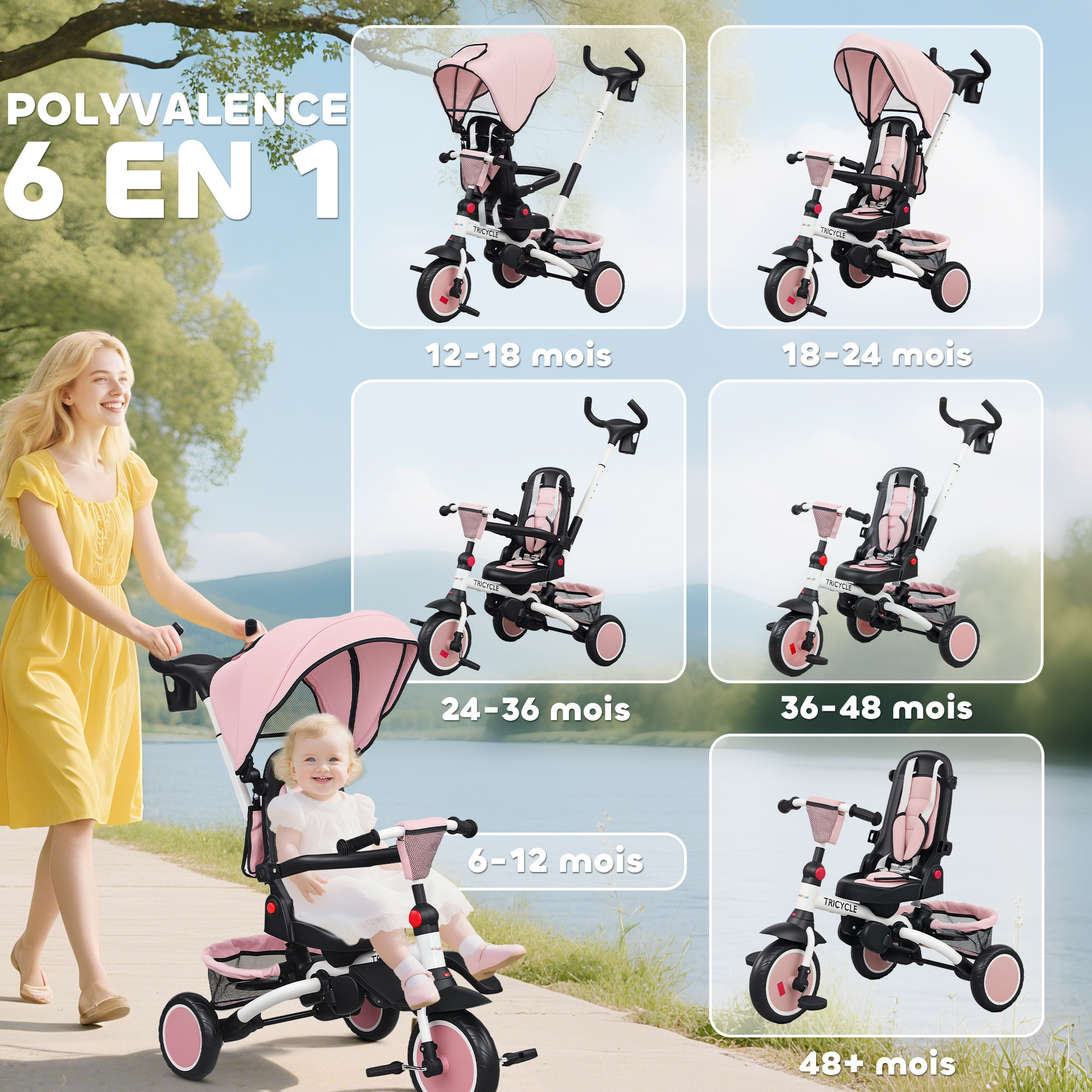 Tricycle évolutif pliable réglable 6 en 1 rose