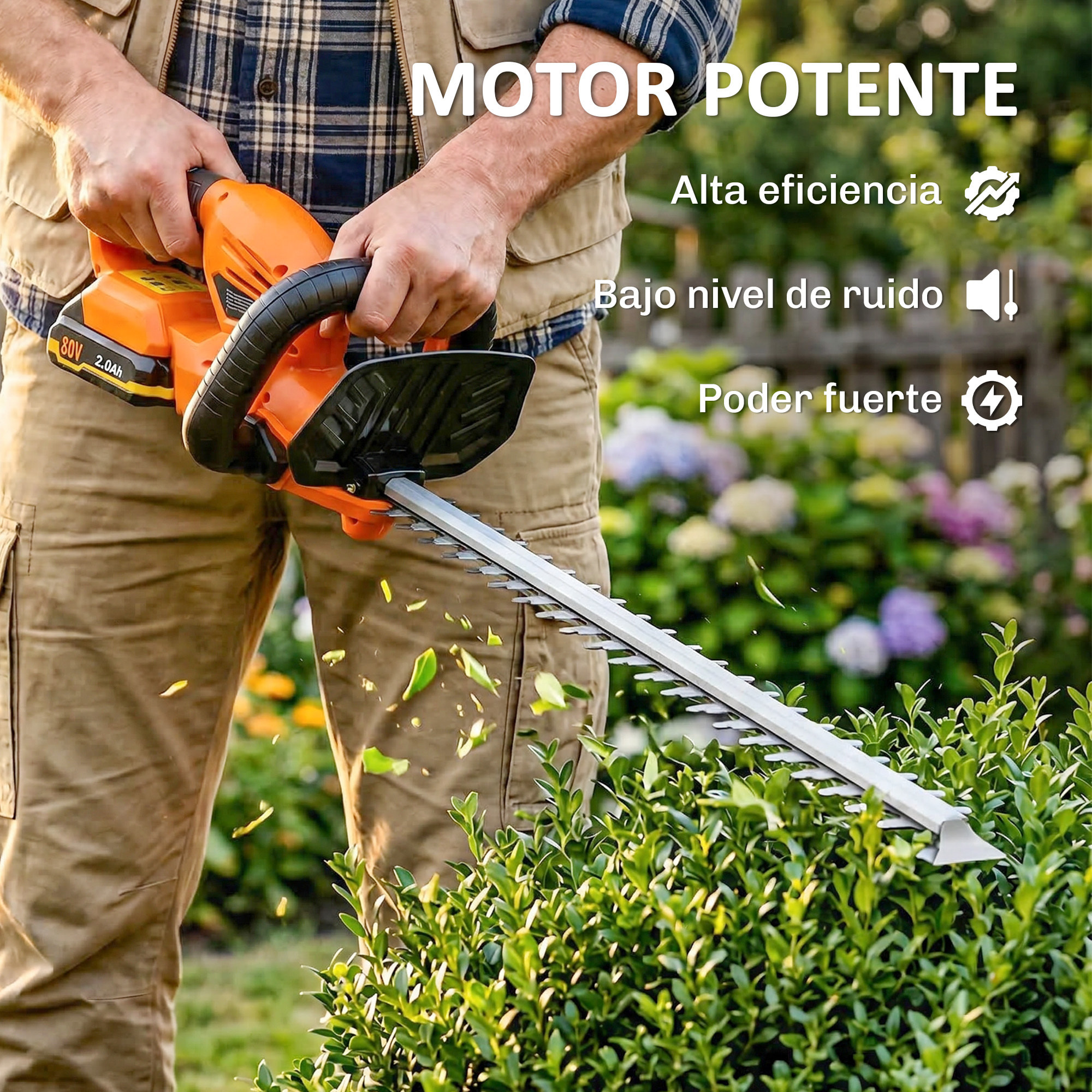 Tijeras Cortasetos Eléctrico, Cortasetos Batería 18V con Batería de 2000mAh, Hoja de Doble Acción de 51 cm, Motor sin Escobillas y Cargador para Setos, Césped, Naranja