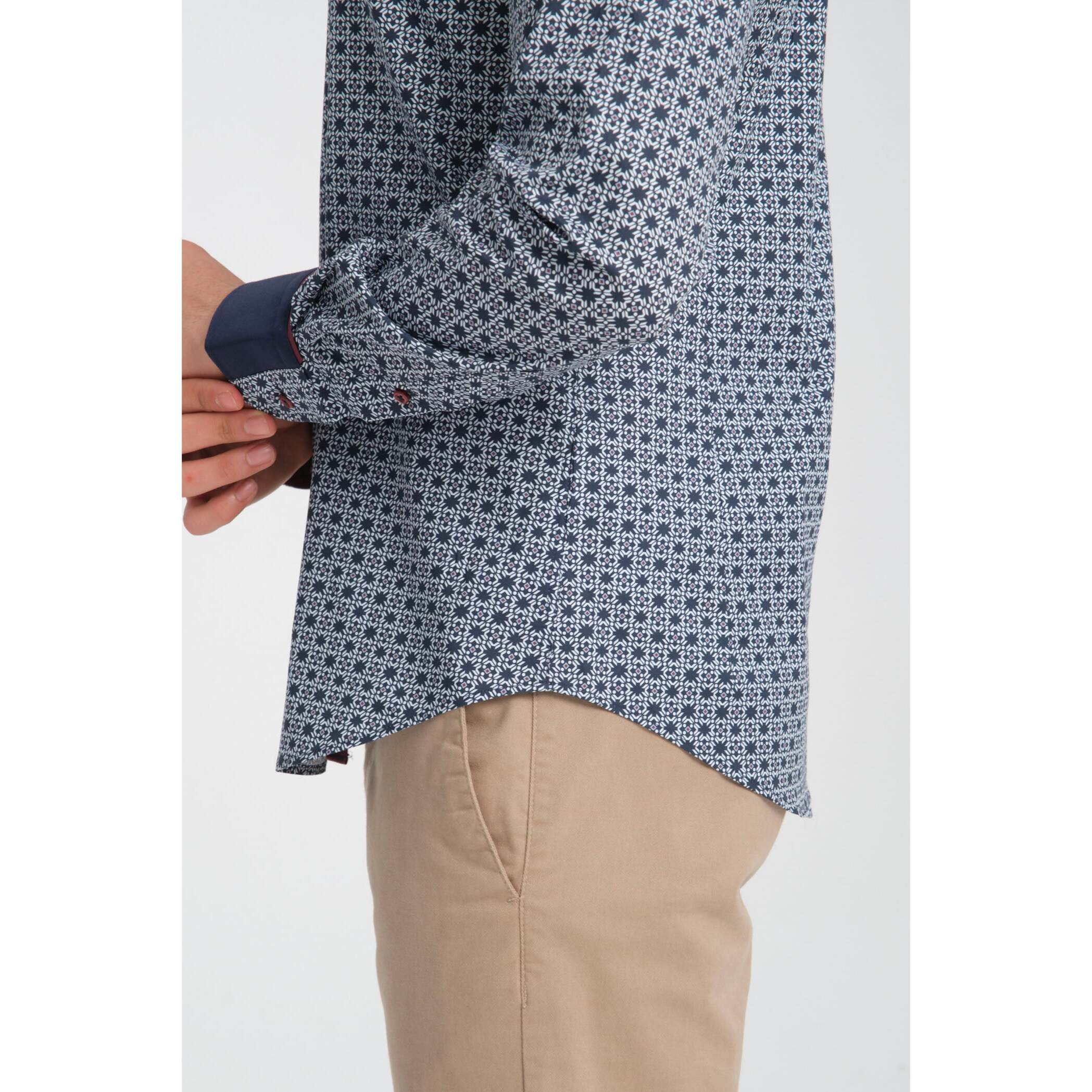 Camicia Uomo Italiano Slim Popeline Stretch Stampato Blu\Bianco