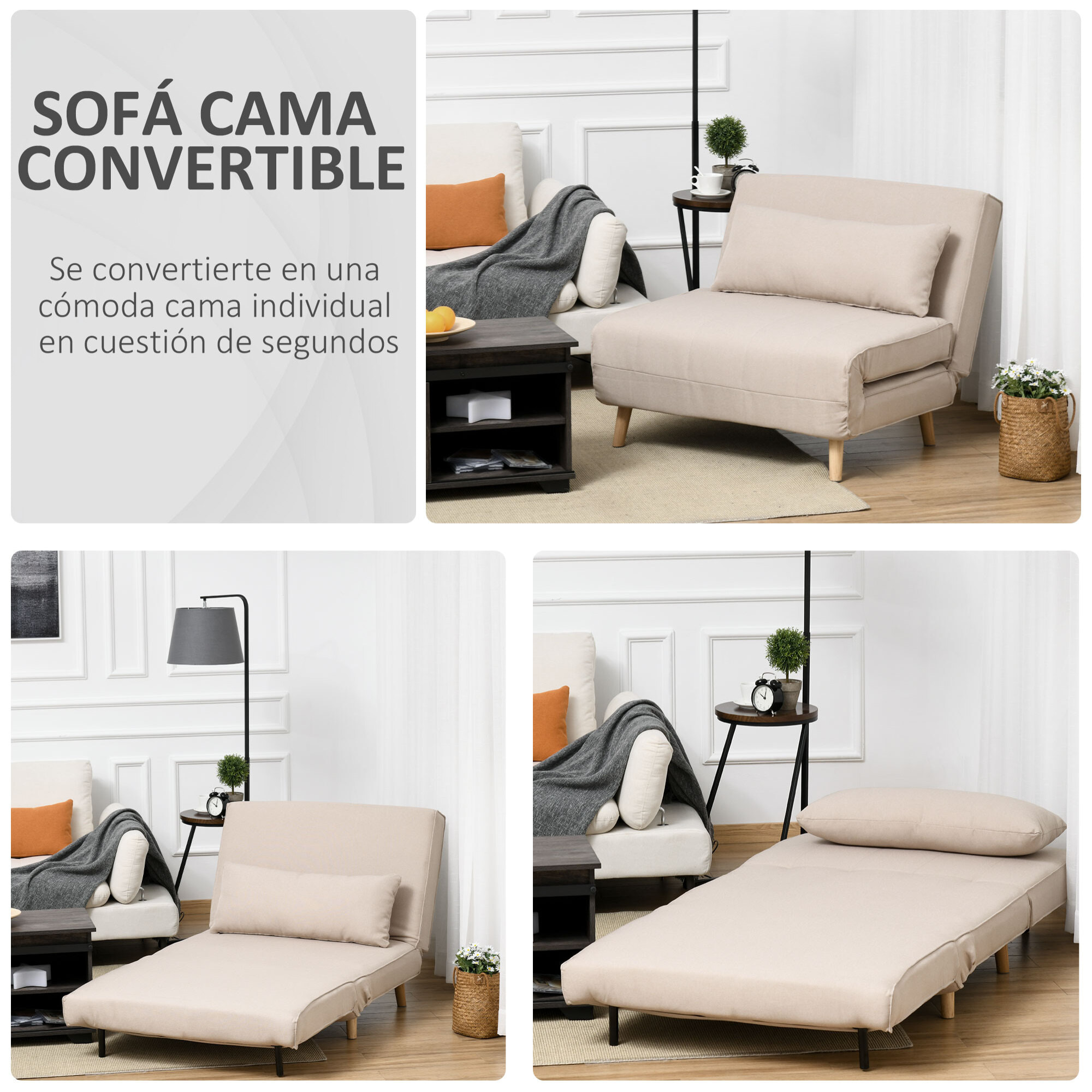 Sofá Cama Individual con Almohada Acolchado y Respaldo Ajustable en 3 Posiciones