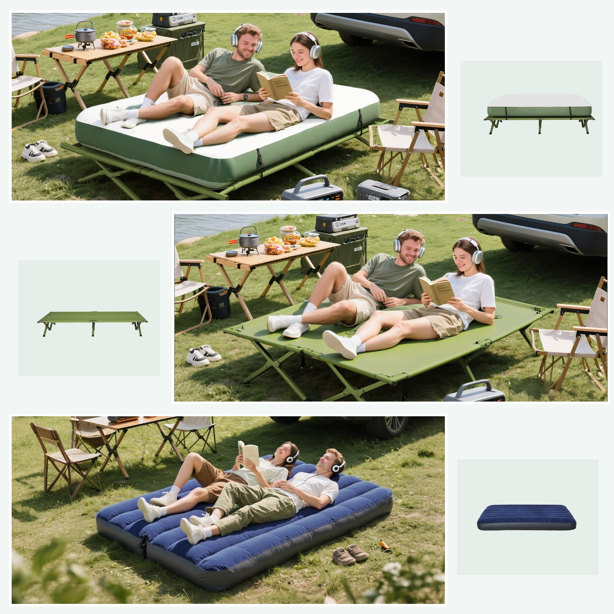 Outsunny Tienda de Campaña con Cama Doble Plegable 4 en 1 Cama de Campamento Elevada con Colchón Hinchable y Bolsa de Transporte de Tela Oxford 600D Acero 193x145x180 cm Verde