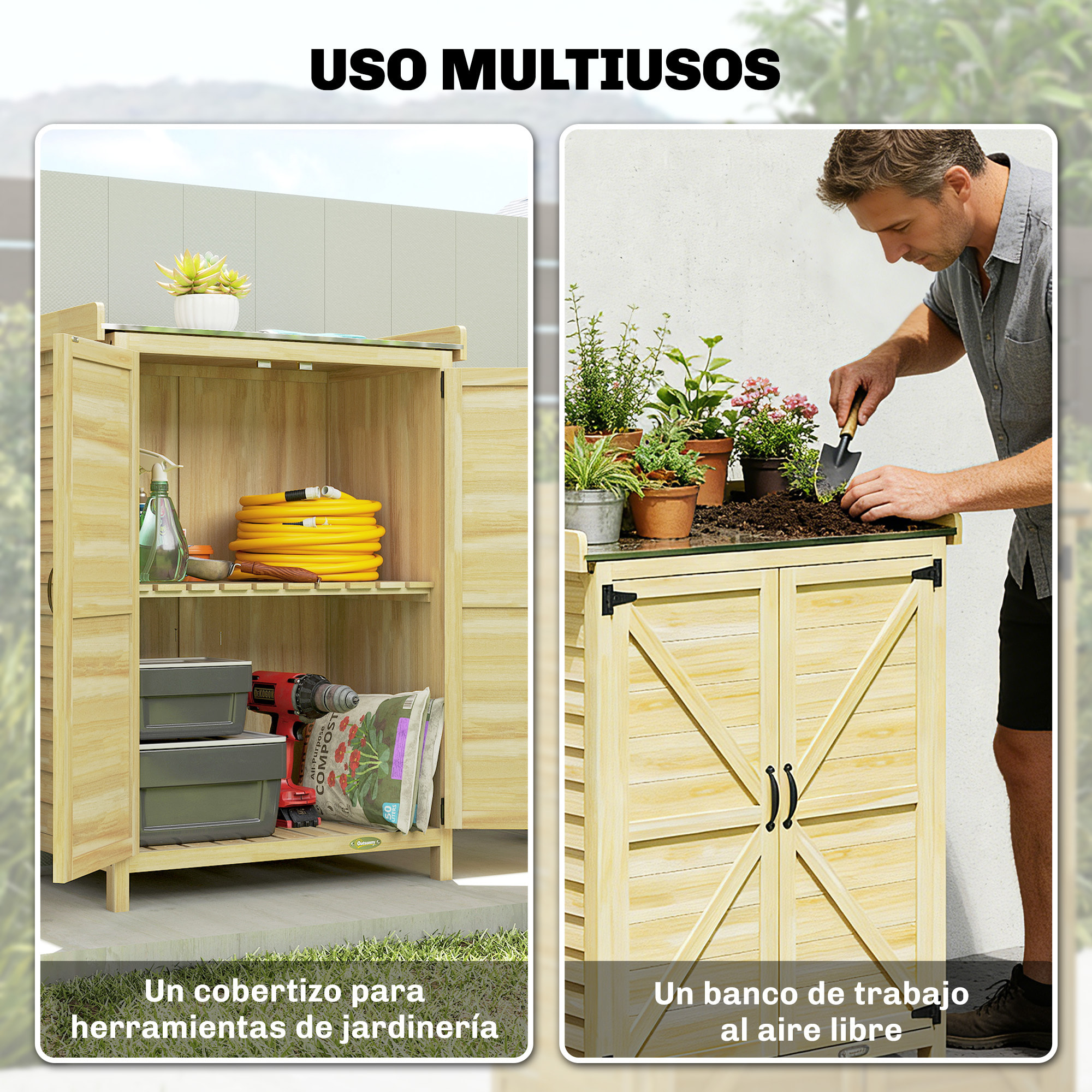 Armario de Exterior de Madera, Caseta de Jardín Exterior con Techo de Metal Galvanizado, Estantes, 2 Puertas, Ganchos, Cobertizo de Jardín para Almacenaje Herramientas, 71,5x39x95 cm, Natural