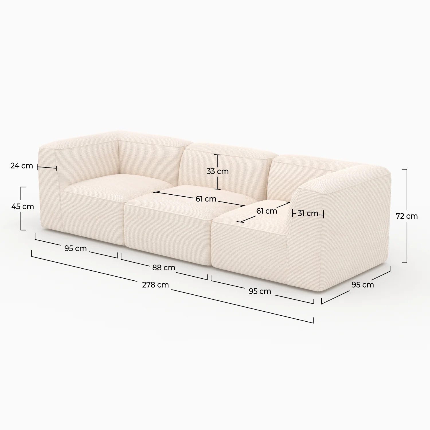 Canapé modulable en velours côtelé blanc cassé 3 places - Mina