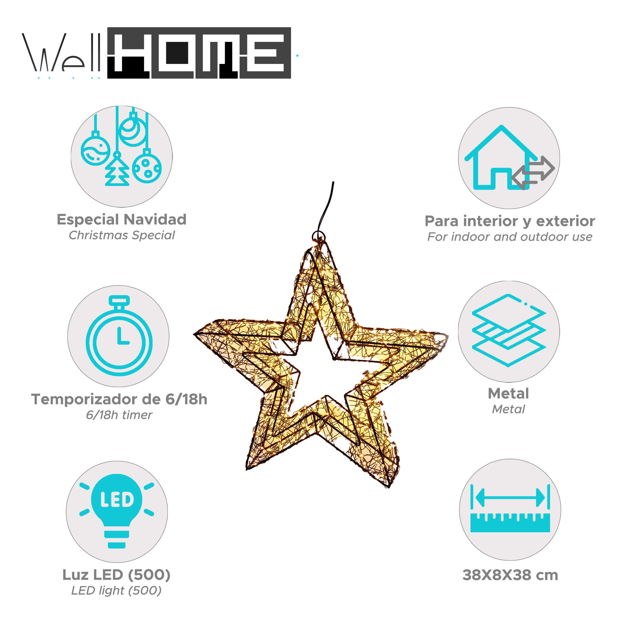 estrella luminosa con 500 luces led y marco de metal 38x8x38cm