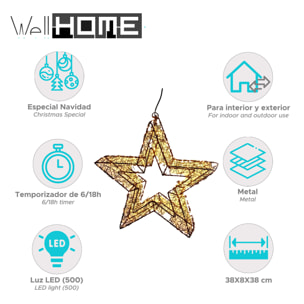 estrella luminosa con 500 luces led y marco de metal 38x8x38cm